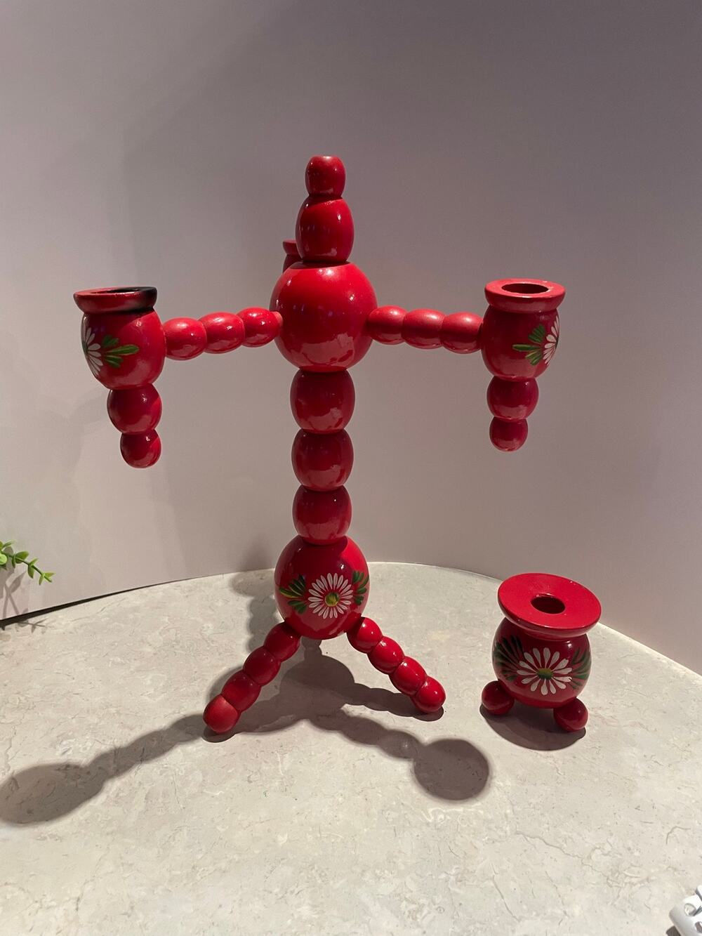 Vintage Folk Art Candelabra 12.5x9”and single3” hand Painted Made in Sweden